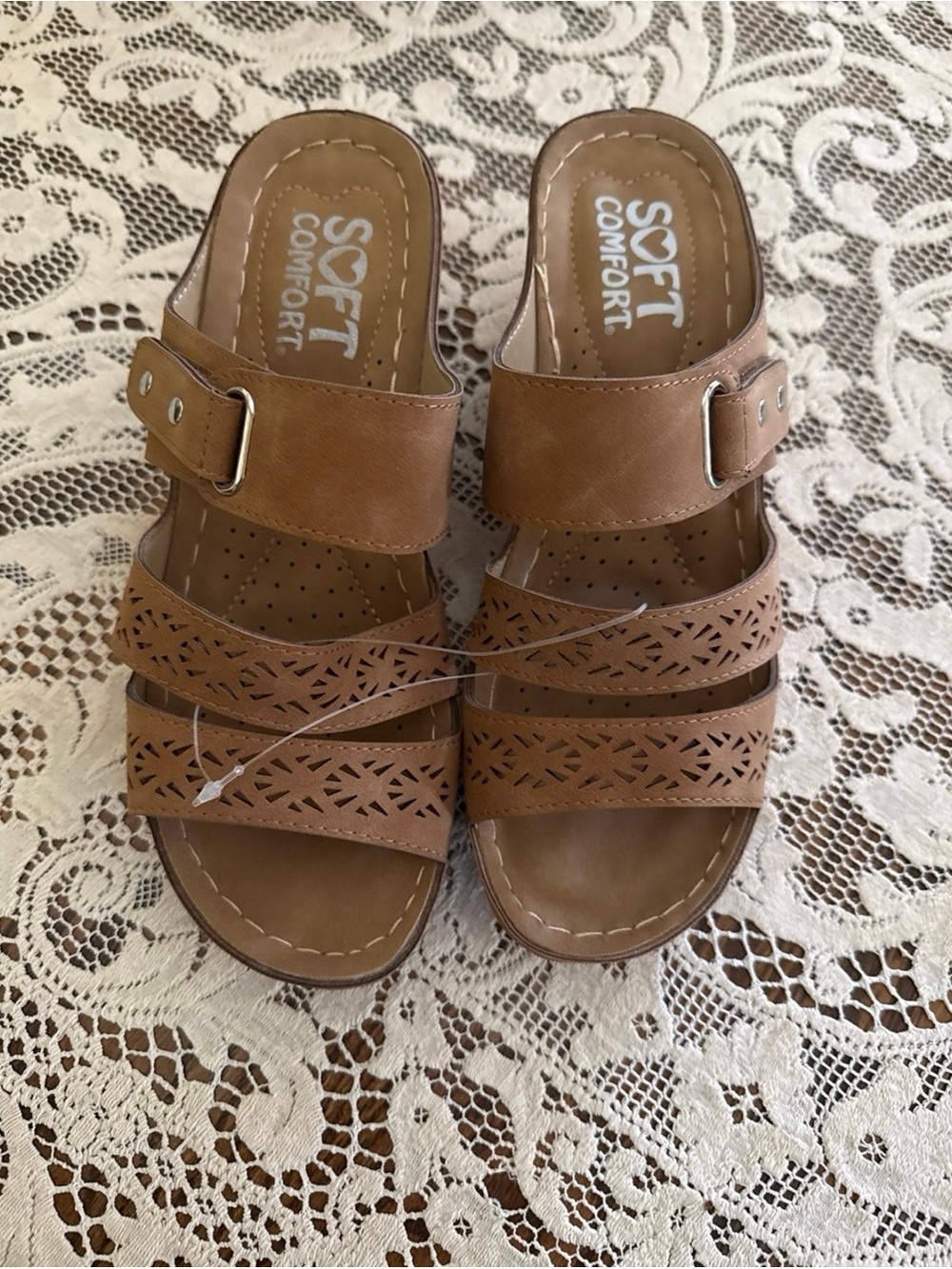 Women's Tan Perforated Slide Clog with Buckle